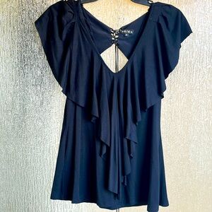 Akiko small flowy v neck black top with lace up open back